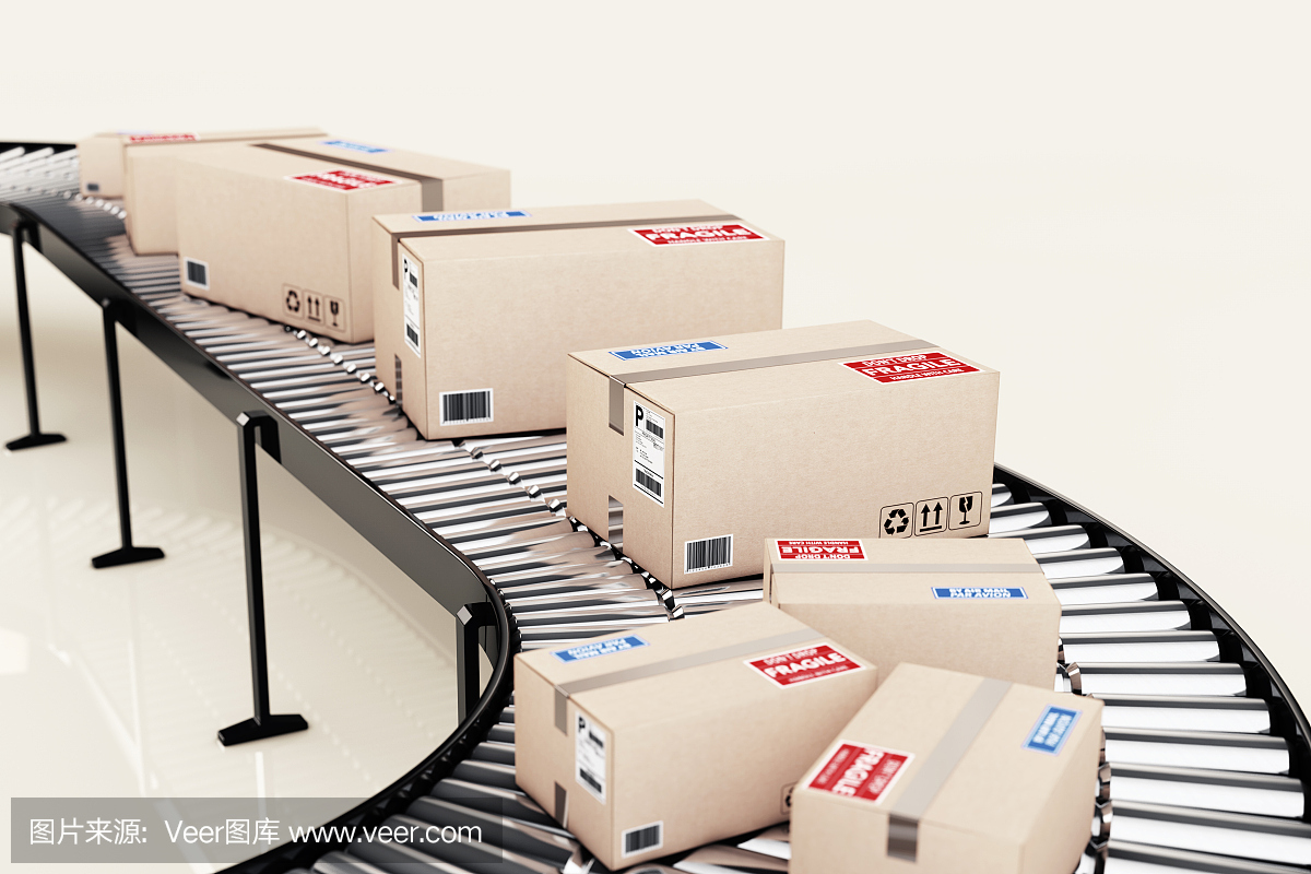 包裹运输系统概念。运输中的纸板箱